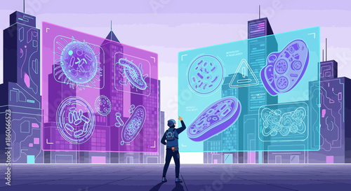 Futuristic Microbiologist Analyzing Microorganisms with Holographic Interface in Urban Setting