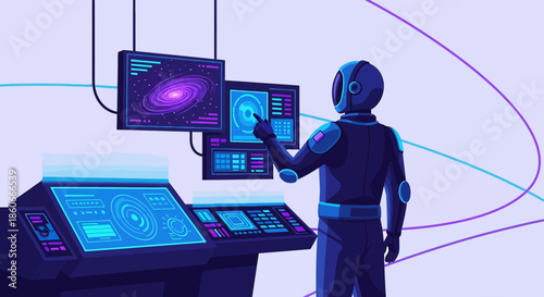 Futuristic mission control: Astronaut interacting with advanced display panels to explore space
