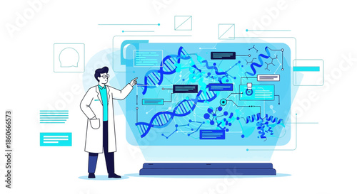 Futuristic molecular research illustration with scientist reviewing genomic data for analysis