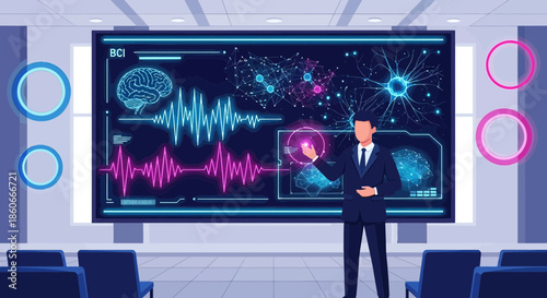 Futuristic presentation showcasing brain-computer interface technology in virtual reality setting