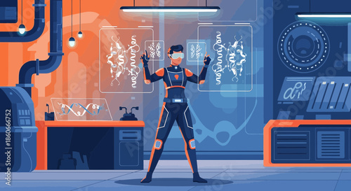 Futuristic research: Scientist interacting with holographic data interfaces in advanced laboratory