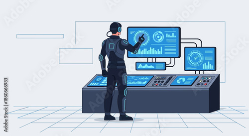 Futuristic Technician Interacting with Complex Data Systems in Advanced Control Room