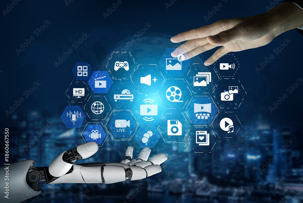 Fototapeta premium AI assisted multimedia with video, audio, photo and streaming icons showing modern digital communication and online entertainment platforms Entice