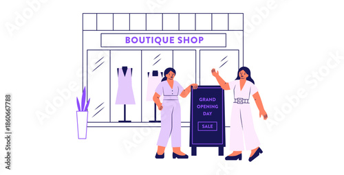Fashion retail boutique grand opening sale women business illustration