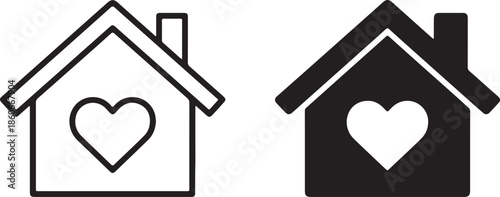 Simple house icons with a heart symbol inside, presented in both outline and solid black versions