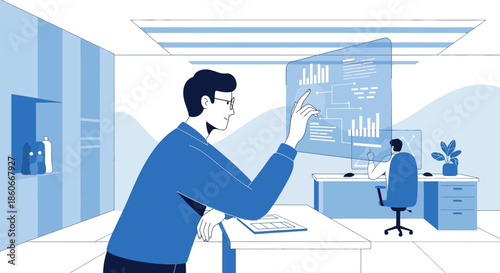 Futuristic workspace environment depicted in blue hues for modern technology concepts