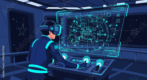 Futuristic VR space navigator controlling a spaceship with advanced technology interface