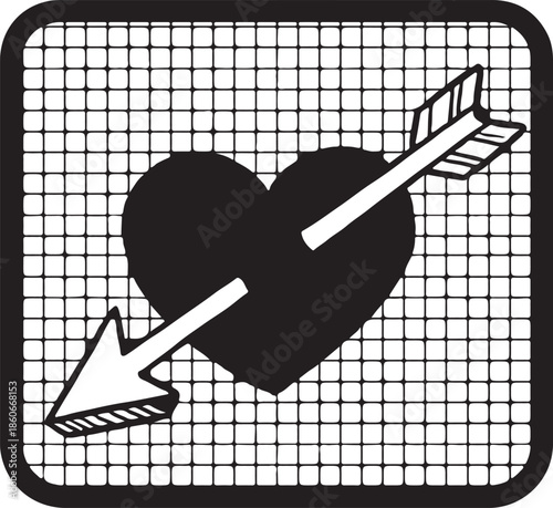 A classic symbol of a black heart pierced by an arrow inside a grid pattern frame