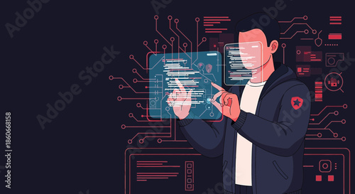 Holographic interface designer interacting with data projection for data analysis visualization