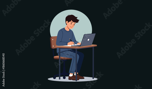 Focused Student Studying Alone at Night with Laptop, Remote Learning and Self Study Concept Flat Vector Illustration