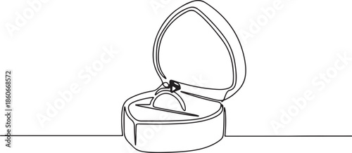 A single continuous line drawing illustrates an engagement ring nestled inside an open heart shaped gift box