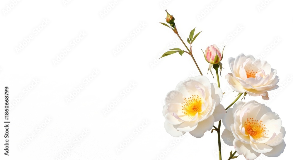 Obraz premium Beautiful white roses with green leaves and buds