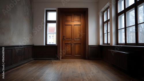 An empty classic interior room with a grand wooden door and