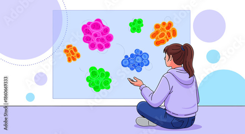 Illustration depicting a young student analyzing bacterial cells in a virtual setting for