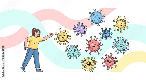 Illustration depicting a woman facing a swarm of colorful, cartoon-style viruses, symbolizing