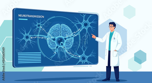 Illustration depicting medical professional explaining the complex process of neurotransmission