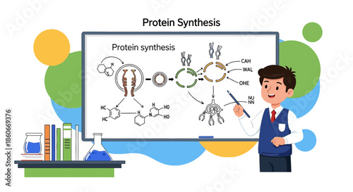 Illustration depicting protein synthesis with student teaching biology, biochemistry, science, and