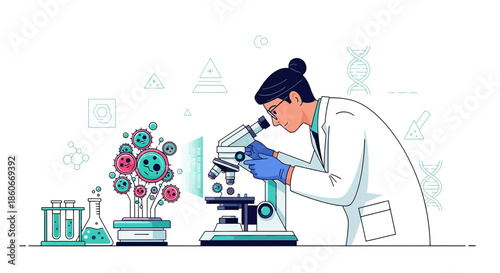 Illustration depicting scientist examining virus under microscope for medical research and