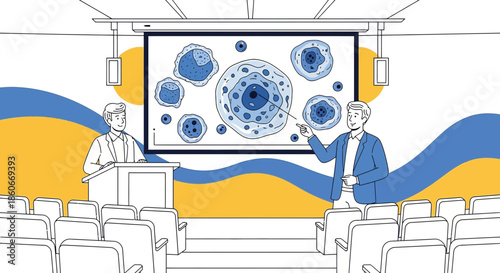 Illustration depicting scientific presentation on cells with speakers and audience setup for