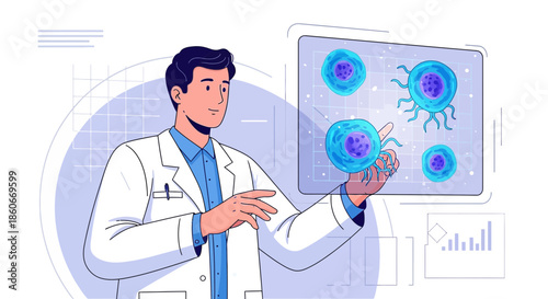 Illustration of a medical researcher analyzing cell structures on a digital interface