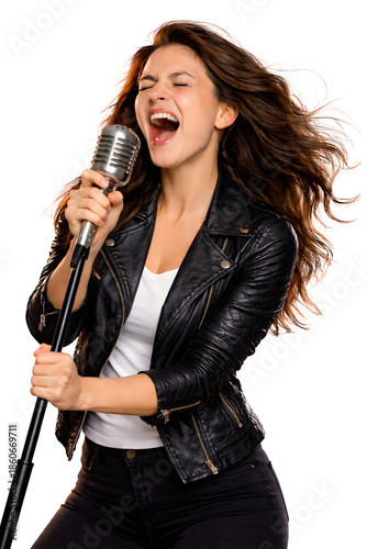 Passionate female singer in leather jacket performing with vintage microphone on transparent background. 