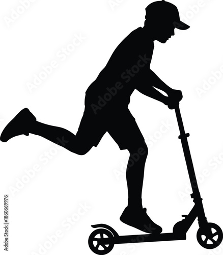 Silhouette of young boy riding kick scooter, active childhood outdoor play, balance and motion concept isolated on white background