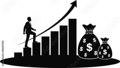 Business growth success concept with businessman climbing upward bar chart, rising arrow and money bags symbolizing profit, wealth and financial progress