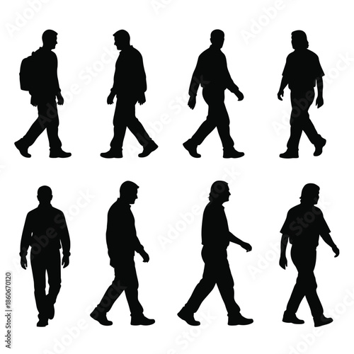 Silhouettes of people walking in various poses and attire against a white background