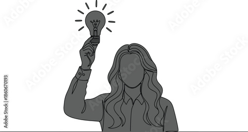 Faceless woman holding glowing light bulb illustration, creative idea concept, innovation thinking, minimalist business inspiration artwork in monochrome style