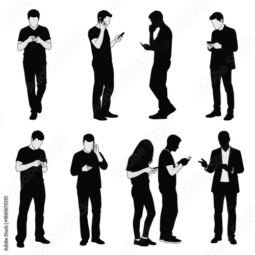 Silhouettes of diverse people using mobile phones in various poses and attire
