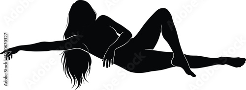 Artistic female silhouette reclining gracefully, sensual body language, minimalist illustration expressing freedom, elegance, confidence and modern feminine beauty on white background