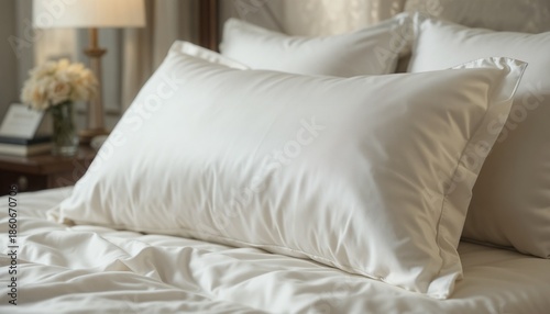 Close-up of a finely creased high-thread-count pillowcase in ivory silk or sateen