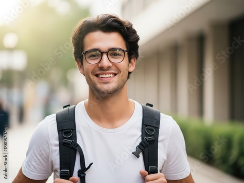 Young man smiling with glasses and backpack