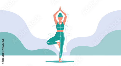 Illustration of a woman practicing tree pose yoga with energy lines on a soft background