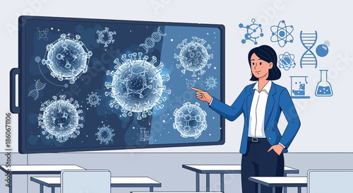 Illustration of a teacher explaining coronavirus structure in classroom for education purposes