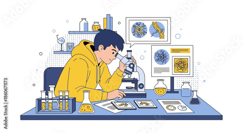 Illustration of a young researcher conducting scientific experiments with a microscope in a lab