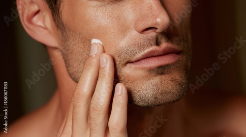 Man applying white cream onto his cheek with a finger, engaging in a daily skincare ritual for facial hydration and grooming, focusing on healthy male skin