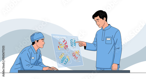 Illustration of medical professionals discussing protein synthesis on a digital display