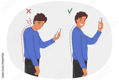 Neck clamp in man with poor posture due to frequent mobile phone use and digital addiction. Problems with posture and spinal curvature in young guy who needs help of chiropractor or massage therapist