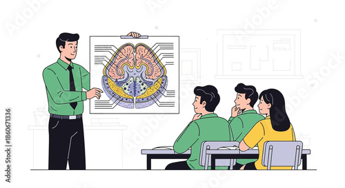 Illustration portraying a medical education session with professor and students learning brain