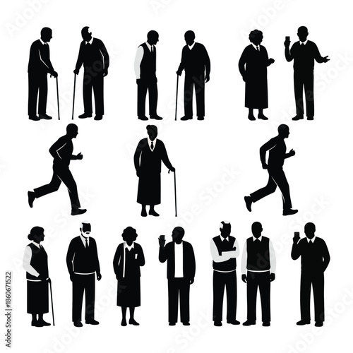 Silhouettes of diverse individuals in various poses and attire, conveying a sense of community and social interaction