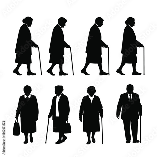 Silhouettes of elderly people walking with canes in various poses and attire