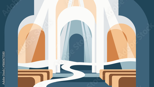 Church interior with light rays and benches, abstract art in soft pastel tones