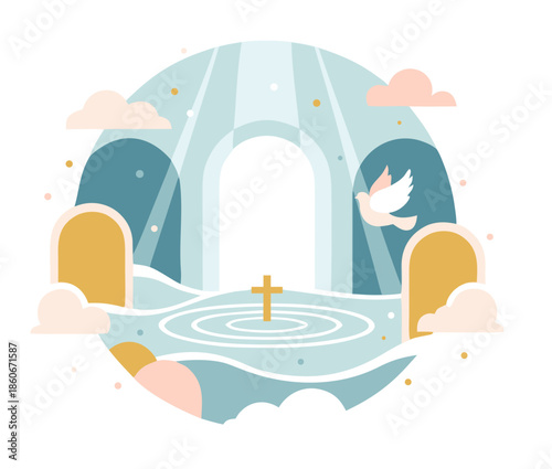 Contemporary flat vector baptism illustration with abstract church interior with light rays, water ripples, small cross and dove, soft pastel tones, white background