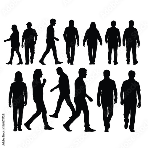 Group of people walking in different directions, silhouetted against a neutral background, viewed from a high vantage point