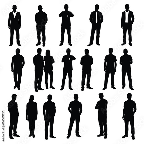 Silhouettes of diverse people in various poses and attire standing against a plain white background