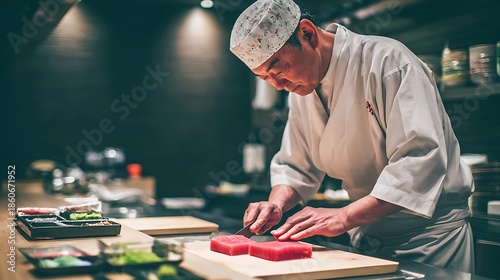 A Japanese chef, in an immaculate white keikogi and traditional bandana, concentrates with surgical precision while slicing a vibrant block of ruby-red tuna on a clean, light wooden cutting board.