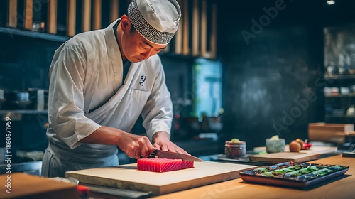 A Japanese chef, in an immaculate white keikogi and traditional bandana, concentrates with surgical precision while slicing a vibrant block of ruby-red tuna on a clean, light wooden cutting board.
