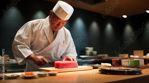 A Japanese chef, in an immaculate white keikogi and traditional bandana, concentrates with surgical precision while slicing a vibrant block of ruby-red tuna on a clean, light wooden cutting board.