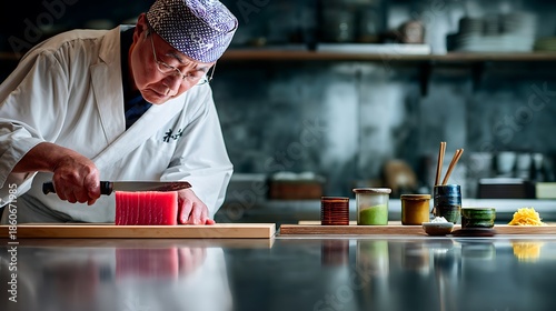 A Japanese chef, in an immaculate white keikogi and traditional bandana, concentrates with surgical precision while slicing a vibrant block of ruby-red tuna on a clean, light wooden cutting board.